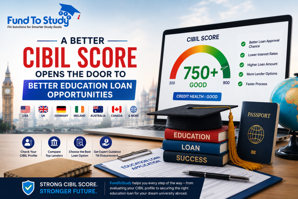 CIBIL score for education loan with credit score dashboard, graduation cap, passport, and study abroad documents representing education loan eligibility.